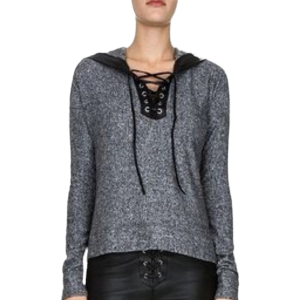 The Kooples Leather Trim Lace-up Hoodie Sweater
